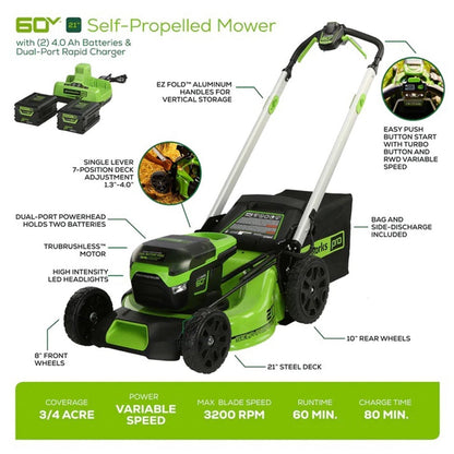 Greenworks 60V 21″ Brushless Self-Propelled Battery Powered Lawn Mower + (2) 4.0Ah Batteries & Dual Port Charger