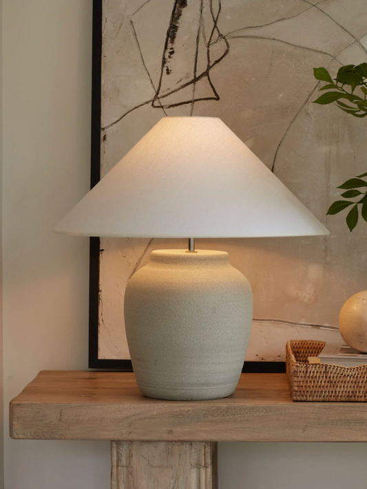 Haske Ceramic Table Lamp – Modern Textured Bedside Lamp with Fabric Shade